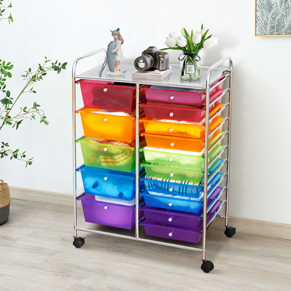 15-Drawer Rolling Utility Cart, Transparent Multicolor