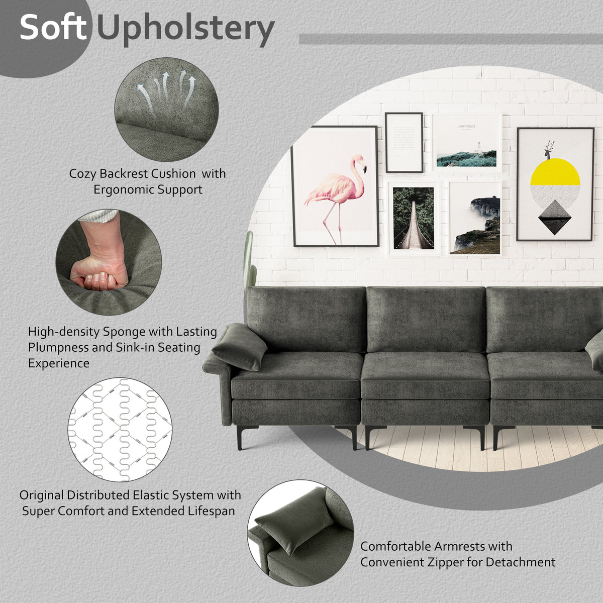 3-Seat Sofa with USB Ports and Metal Legs, Gray