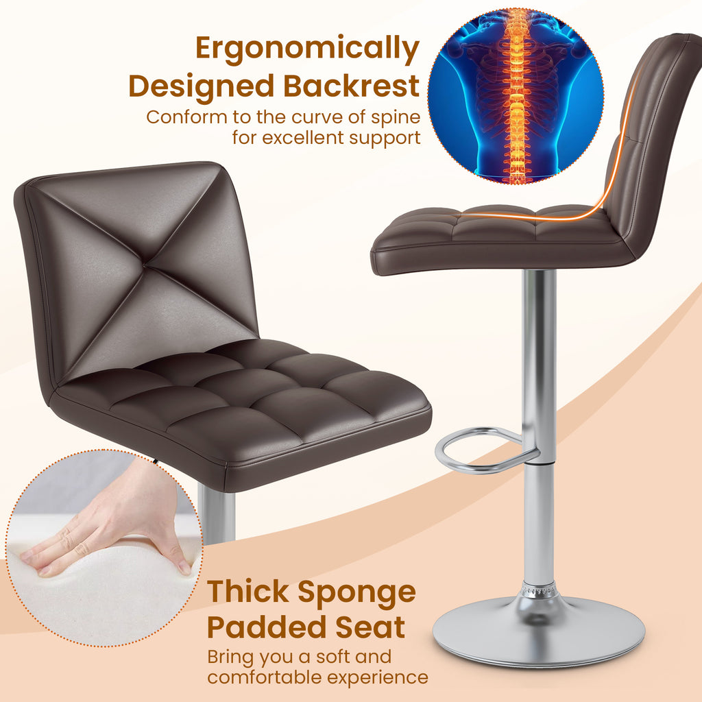 PU Leather Bar Stools Set of 2 with Back, Adjustable Height - Diamond Pattern, Brown