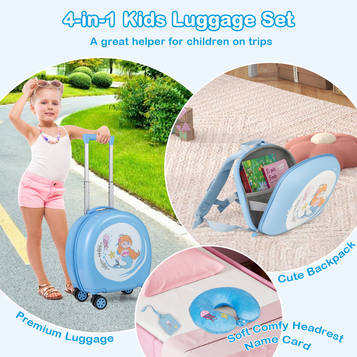 Kids Luggage Set with 14-Inch Carry-On Spinner & 10-Inch Backpack - Blue
