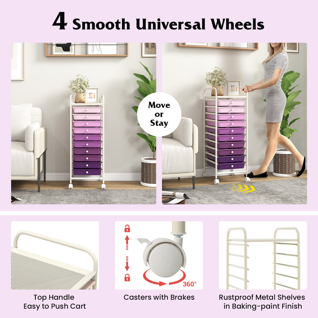 10 Drawer Rolling Storage Cart Organizer with 4 Universal Casters