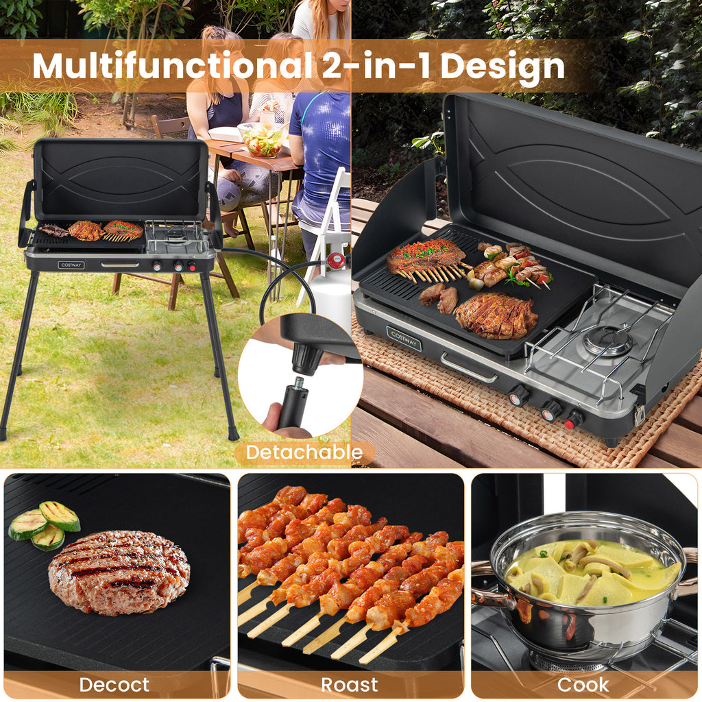 2-in-1 Camping Gas Grill and Stove with Detachable Legs - Black