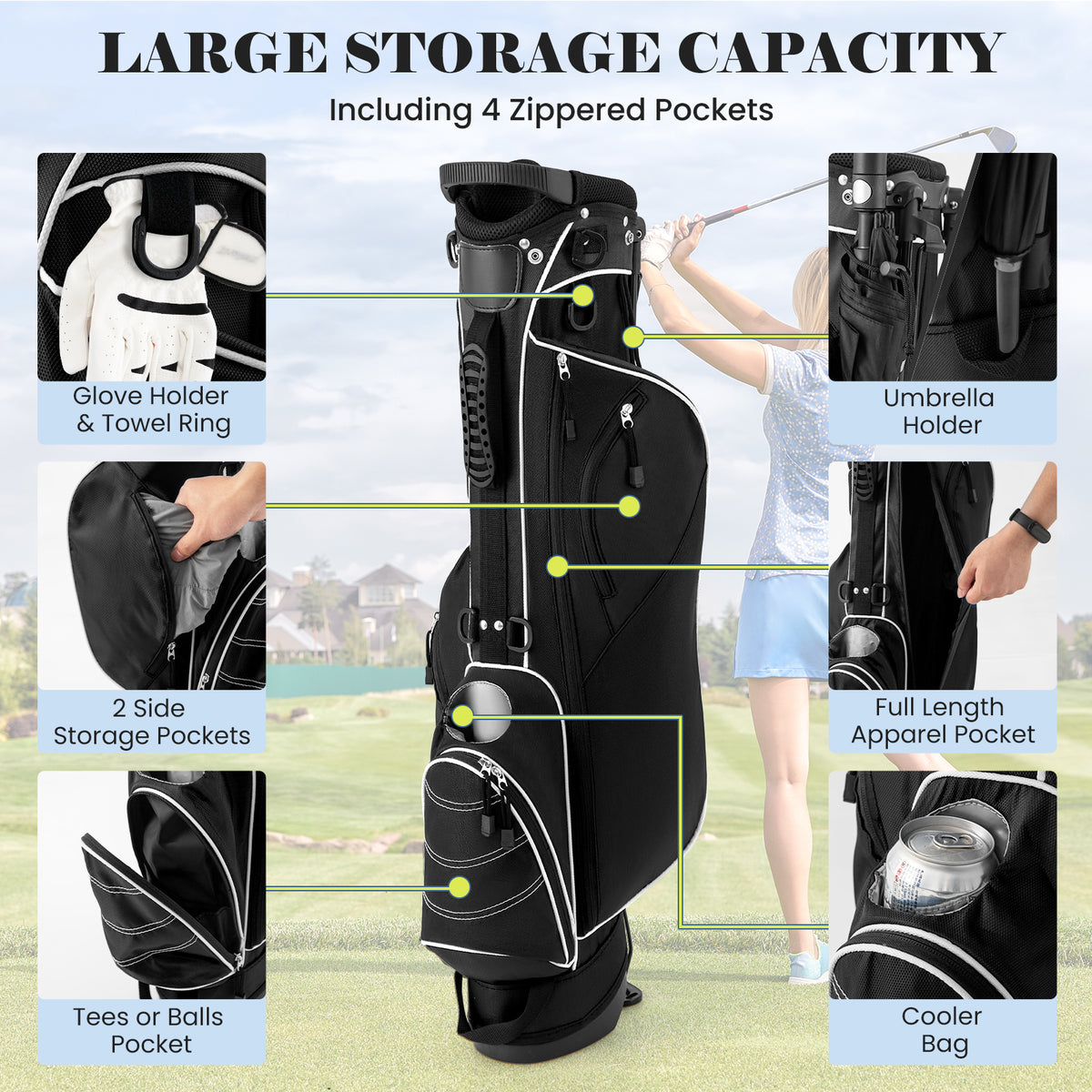 Golf Stand Cart Bag with 4-Way Divider and Organizer Pockets - Black