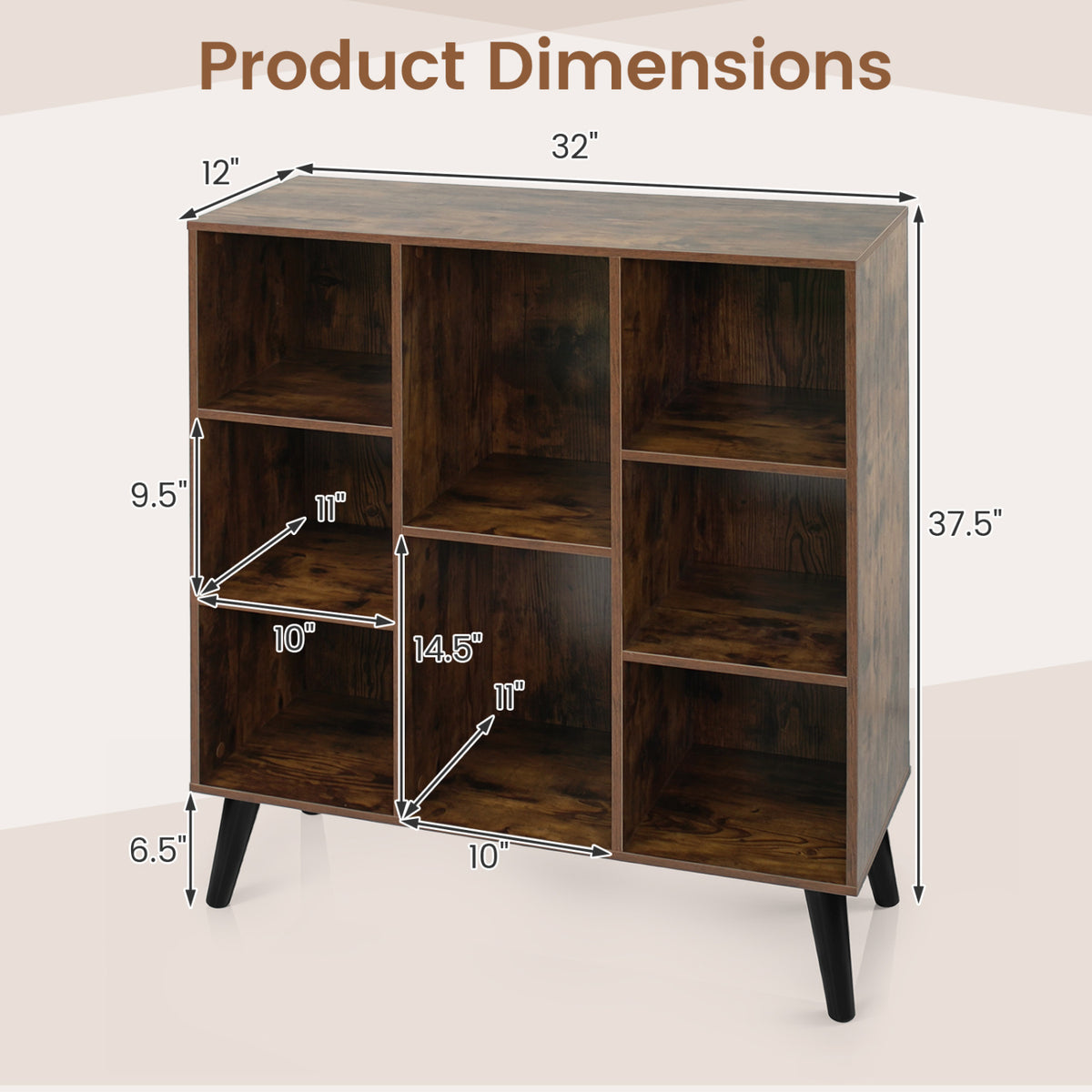 8-Cube Bookcase with Raised Support Legs - Rustic Brown