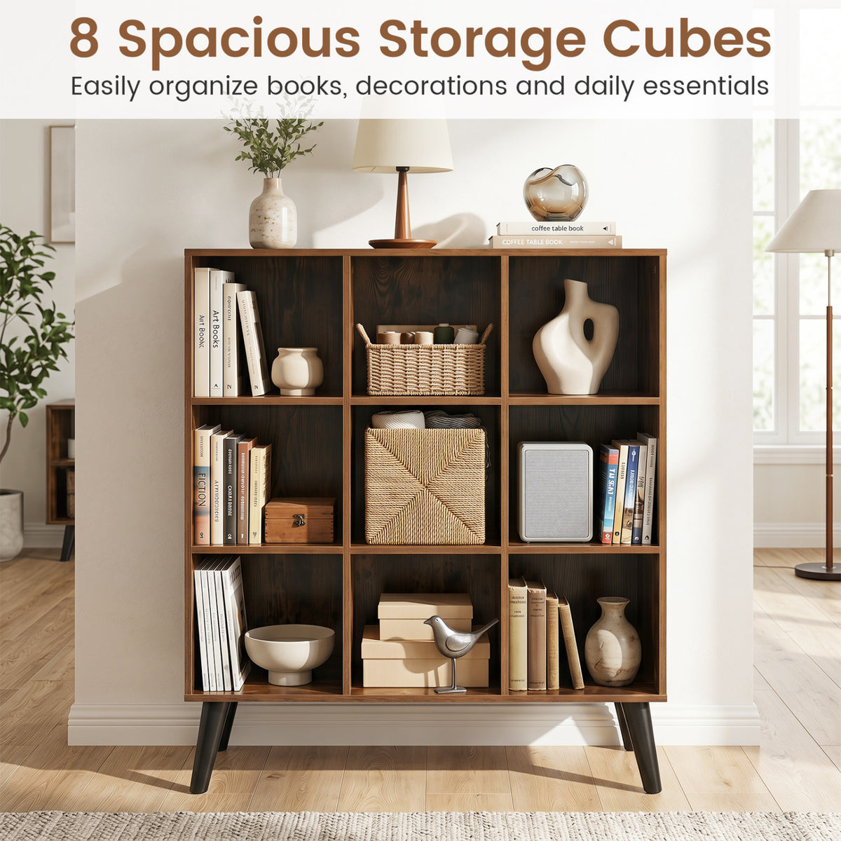 8-Cube Bookcase with Raised Support Legs - Rustic Brown