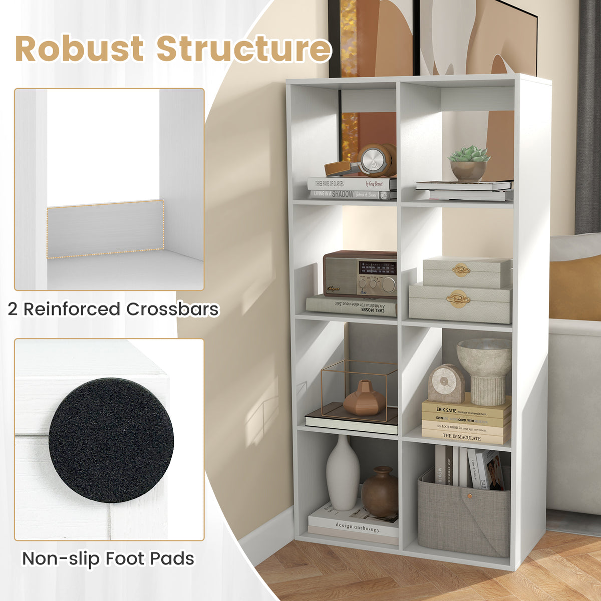 8 Cube Bookshelf with Back Guardrail - White