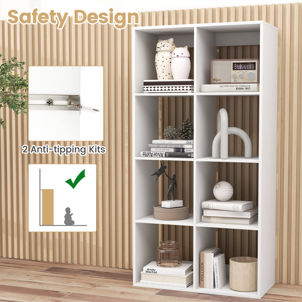 8 Cube Bookshelf with Back Guardrail - White