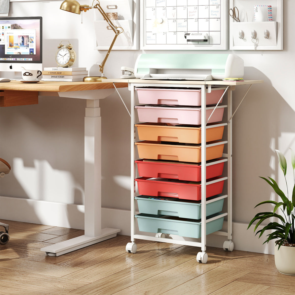 8-Drawer Rolling Cart with Wooden Tabletop - Macaron