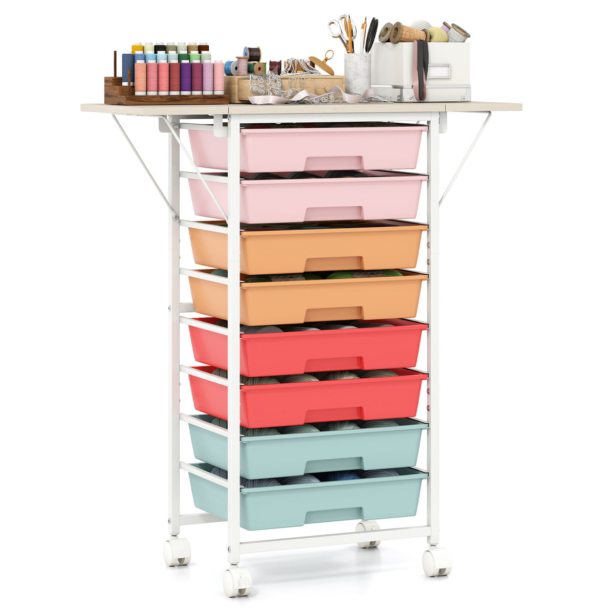 8-Drawer Rolling Cart with Wooden Tabletop - Macaron