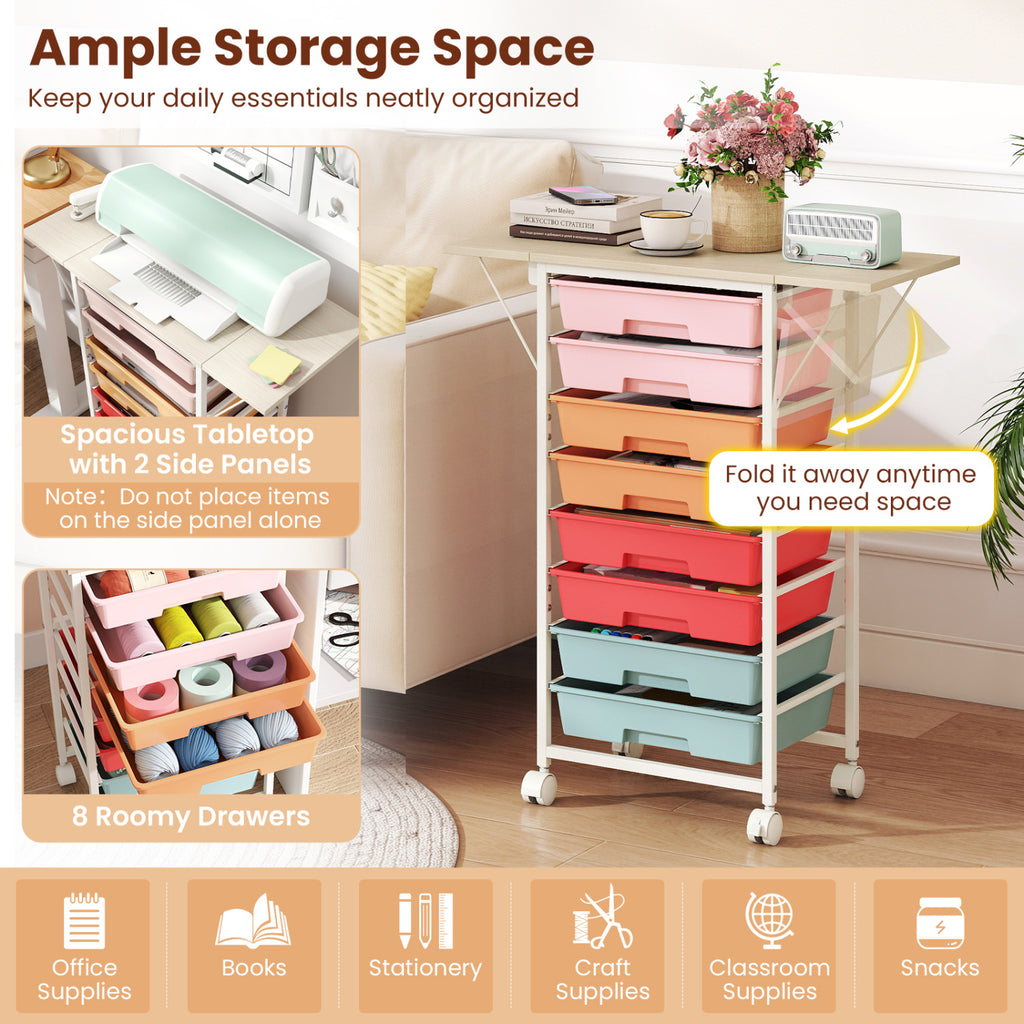 8-Drawer Rolling Cart with Wooden Tabletop - Macaron