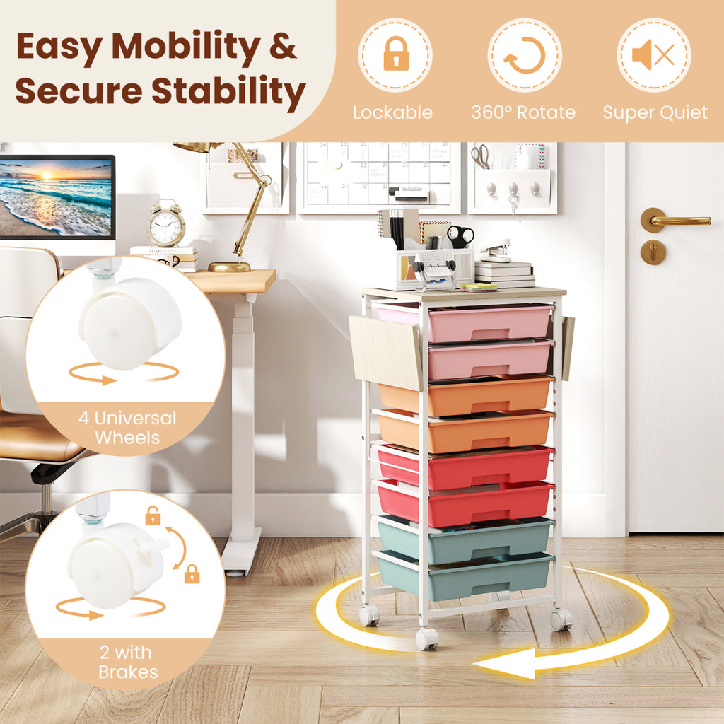 8-Drawer Rolling Cart with Wooden Tabletop - Macaron