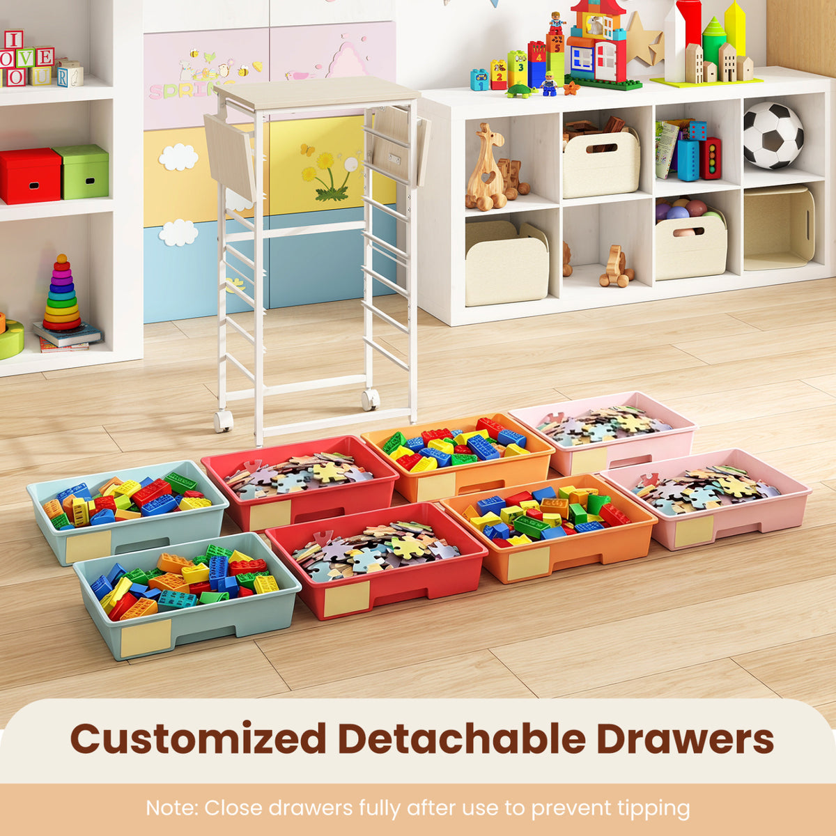 8-Drawer Rolling Cart with Wooden Tabletop - Macaron