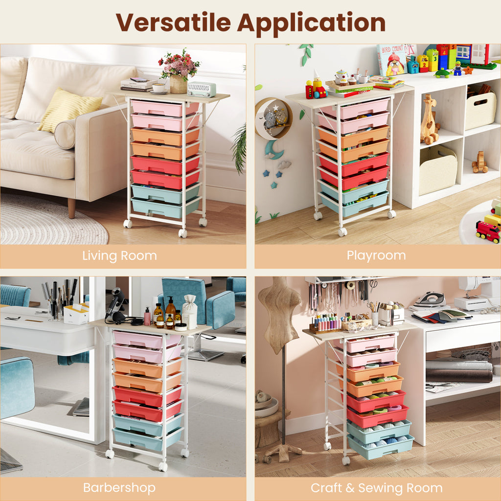 8-Drawer Rolling Cart with Wooden Tabletop - Macaron