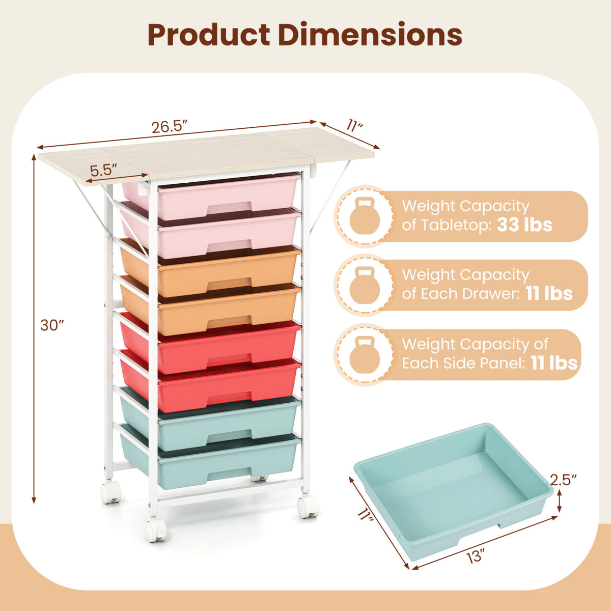 8-Drawer Rolling Cart with Wooden Tabletop - Macaron