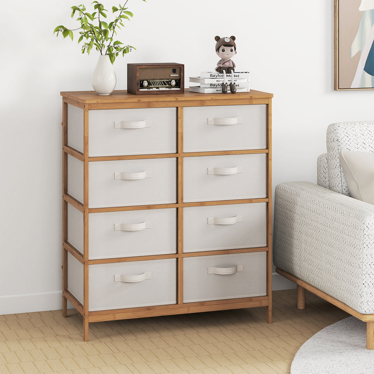 8 Drawer Dresser with Removable Fabric Bins, Beige