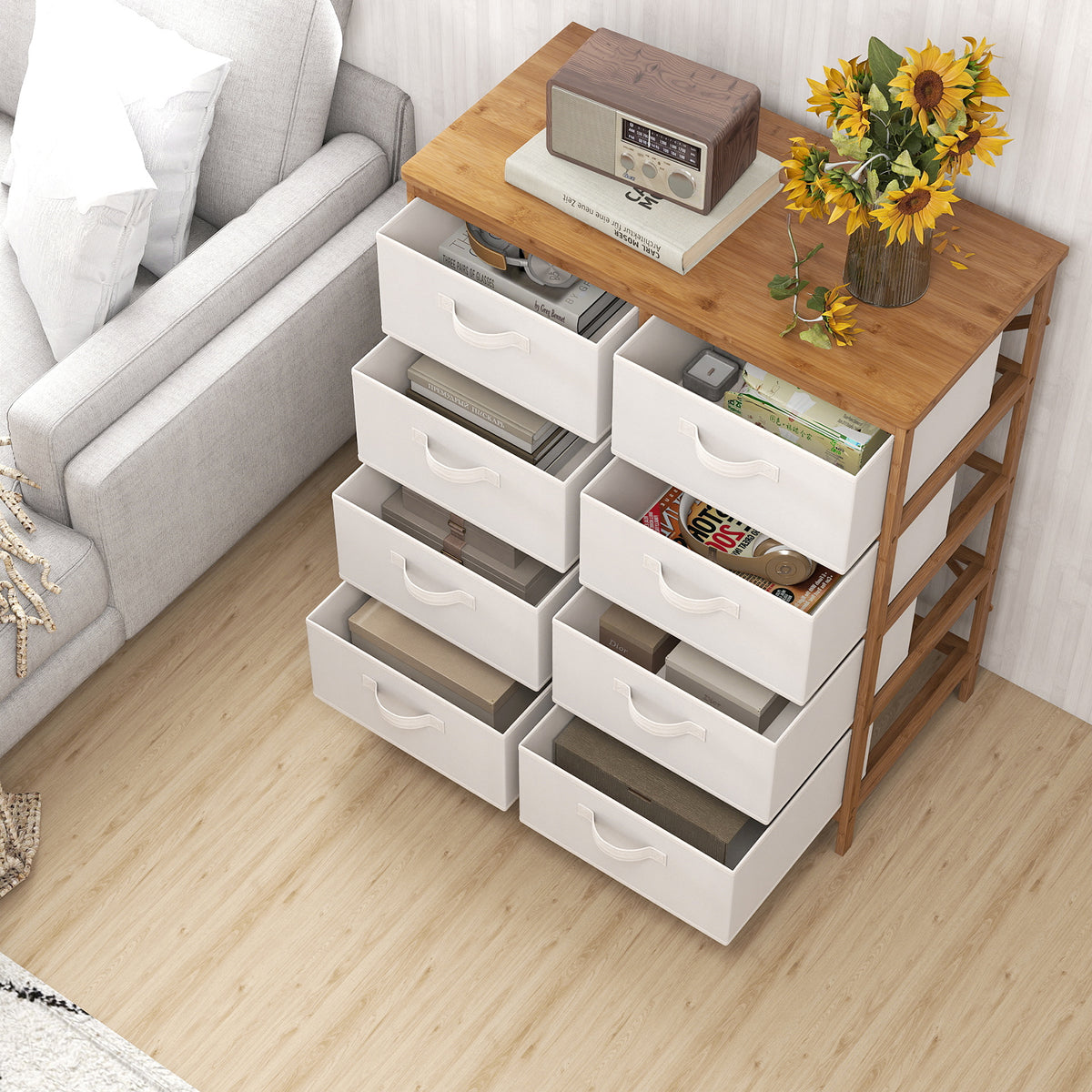 8 Drawer Dresser with Removable Fabric Bins, Beige