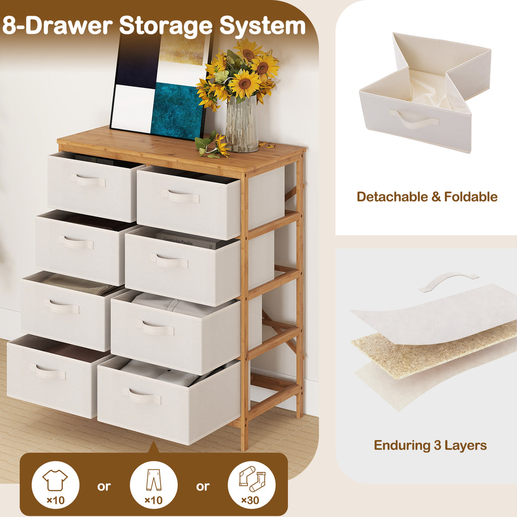 8 Drawer Dresser with Removable Fabric Bins, Beige