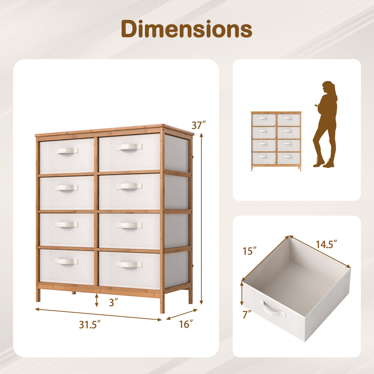 8 Drawer Dresser with Removable Fabric Bins, Beige