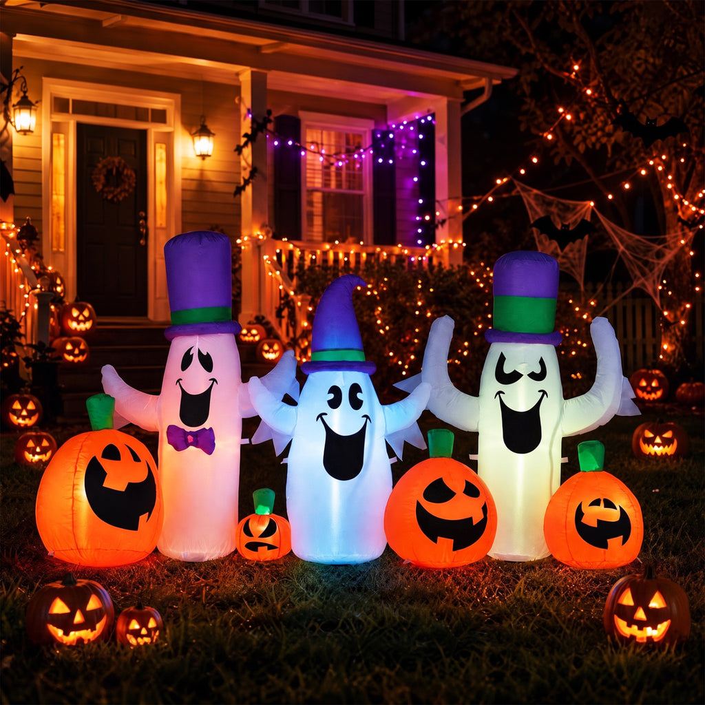 8 FT Blow Up Halloween Ghosts and Pumpkins with RGB LED Lights - Cute Yard Decor