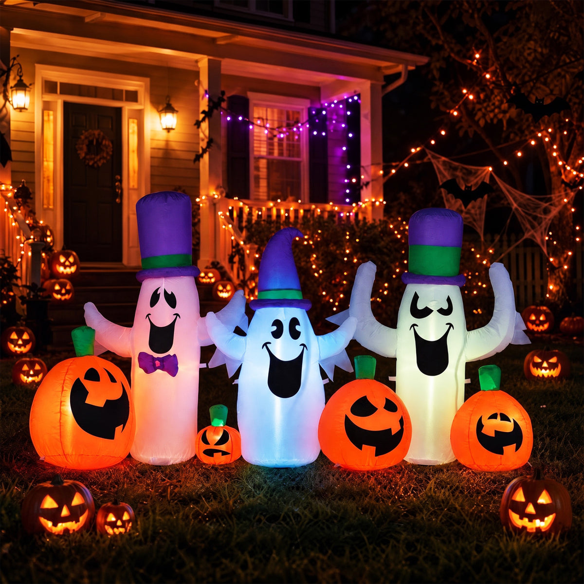 8 FT Blow Up Halloween Ghosts and Pumpkins with RGB LED Lights - Cute Yard Decor