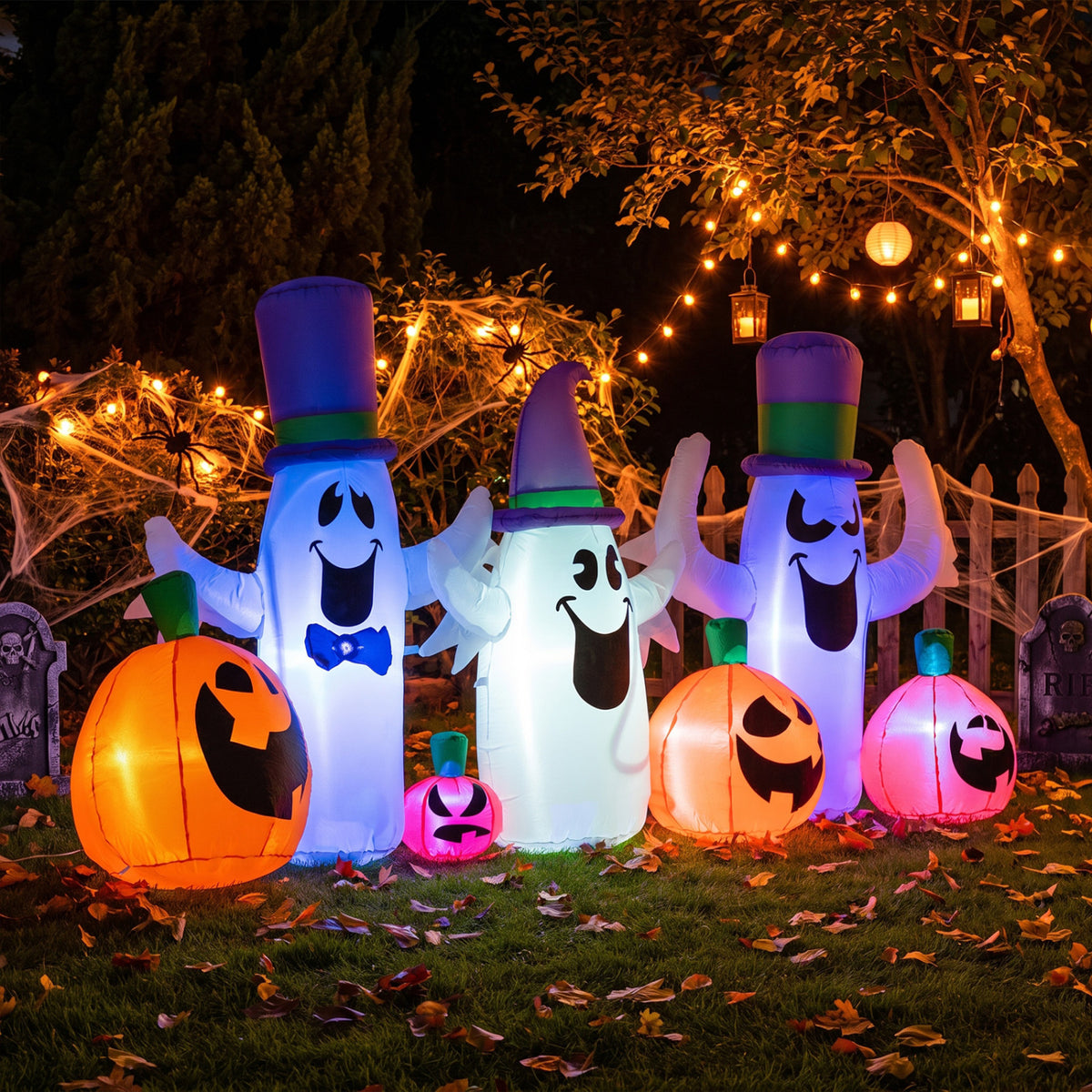 8 FT Blow Up Halloween Ghosts and Pumpkins with RGB LED Lights - Cute Yard Decor