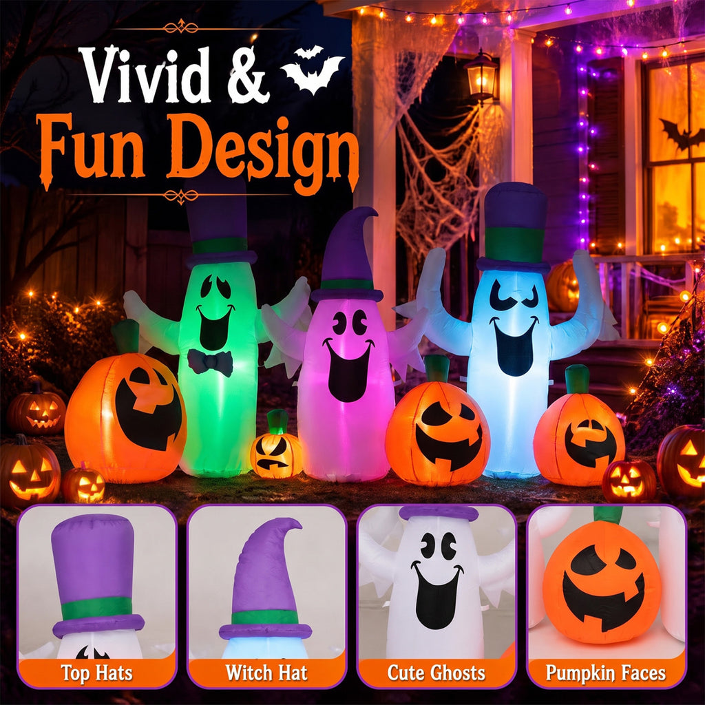 8 FT Blow Up Halloween Ghosts and Pumpkins with RGB LED Lights - Cute Yard Decor