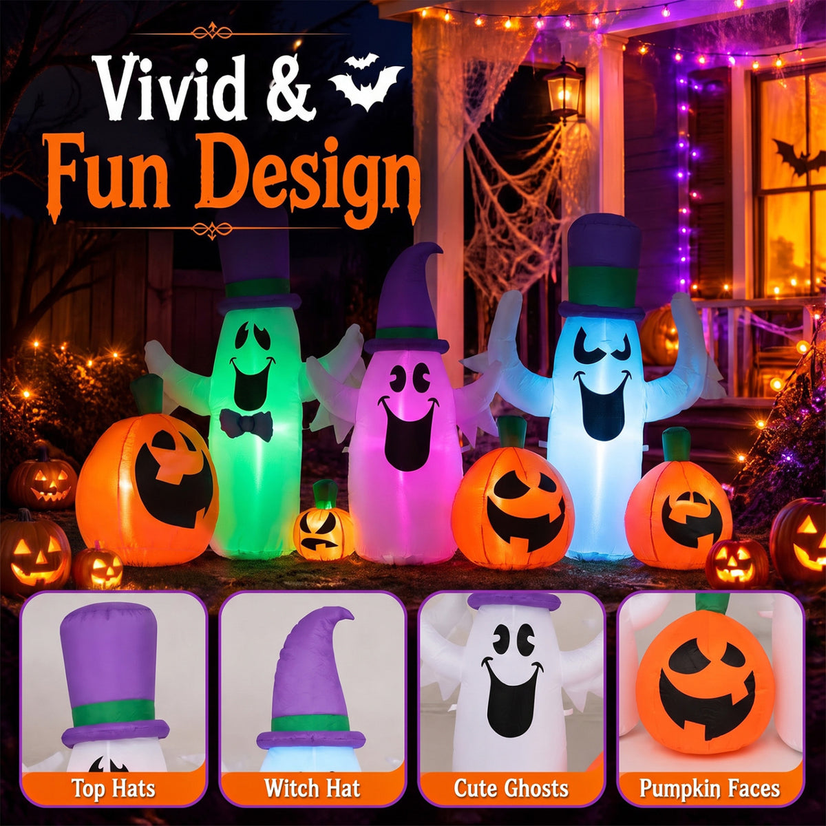 8 FT Blow Up Halloween Ghosts and Pumpkins with RGB LED Lights - Cute Yard Decor