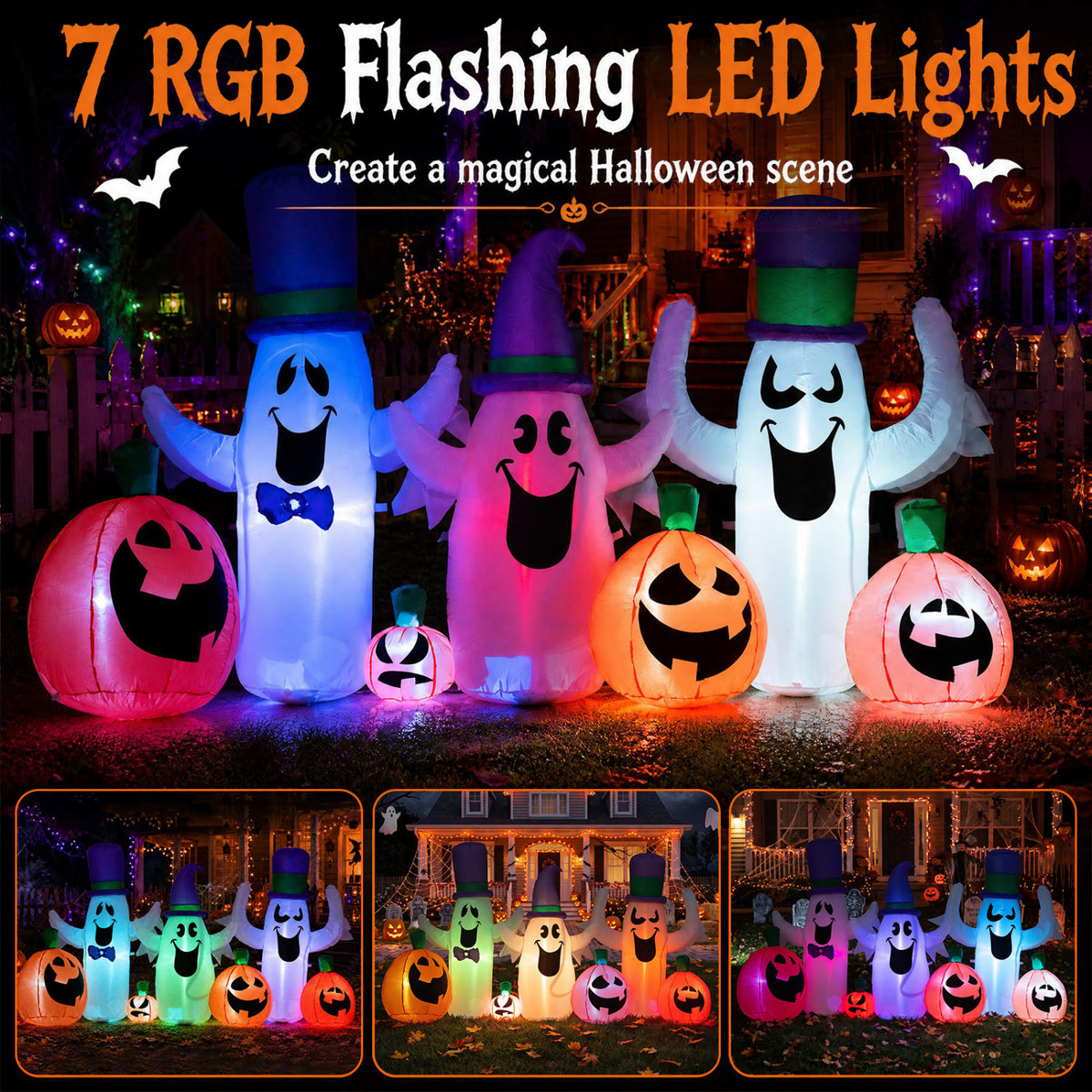 8 FT Blow Up Halloween Ghosts and Pumpkins with RGB LED Lights - Cute Yard Decor