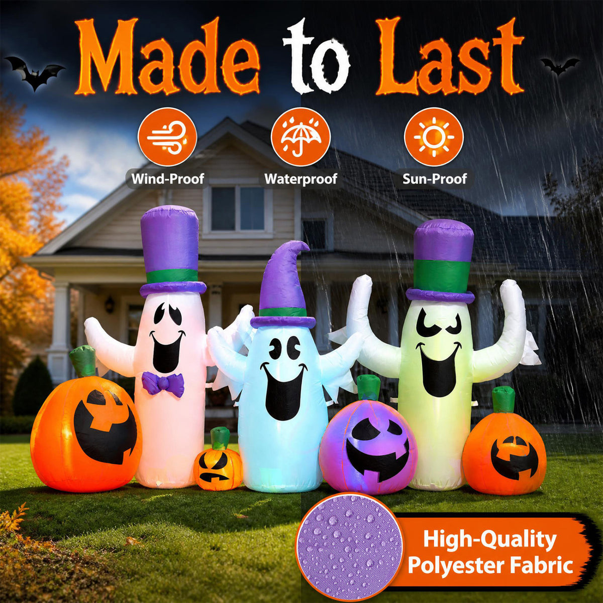8 FT Blow Up Halloween Ghosts and Pumpkins with RGB LED Lights - Cute Yard Decor