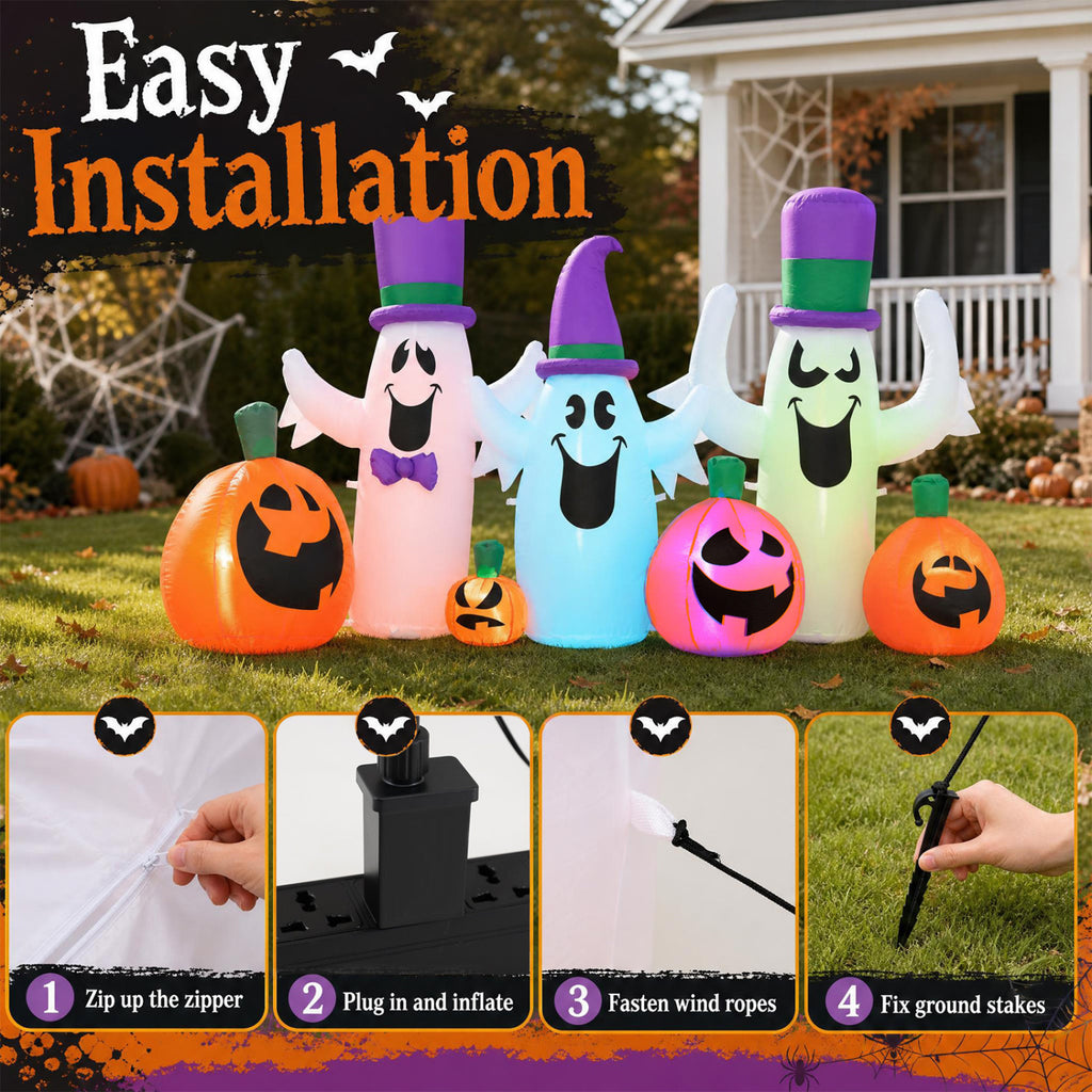 8 FT Blow Up Halloween Ghosts and Pumpkins with RGB LED Lights - Cute Yard Decor
