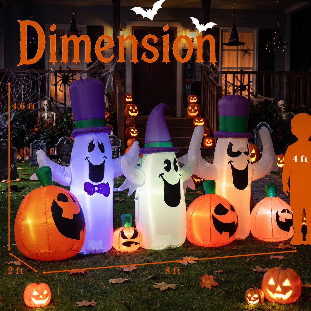 8 FT Blow Up Halloween Ghosts and Pumpkins with RGB LED Lights - Cute Yard Decor