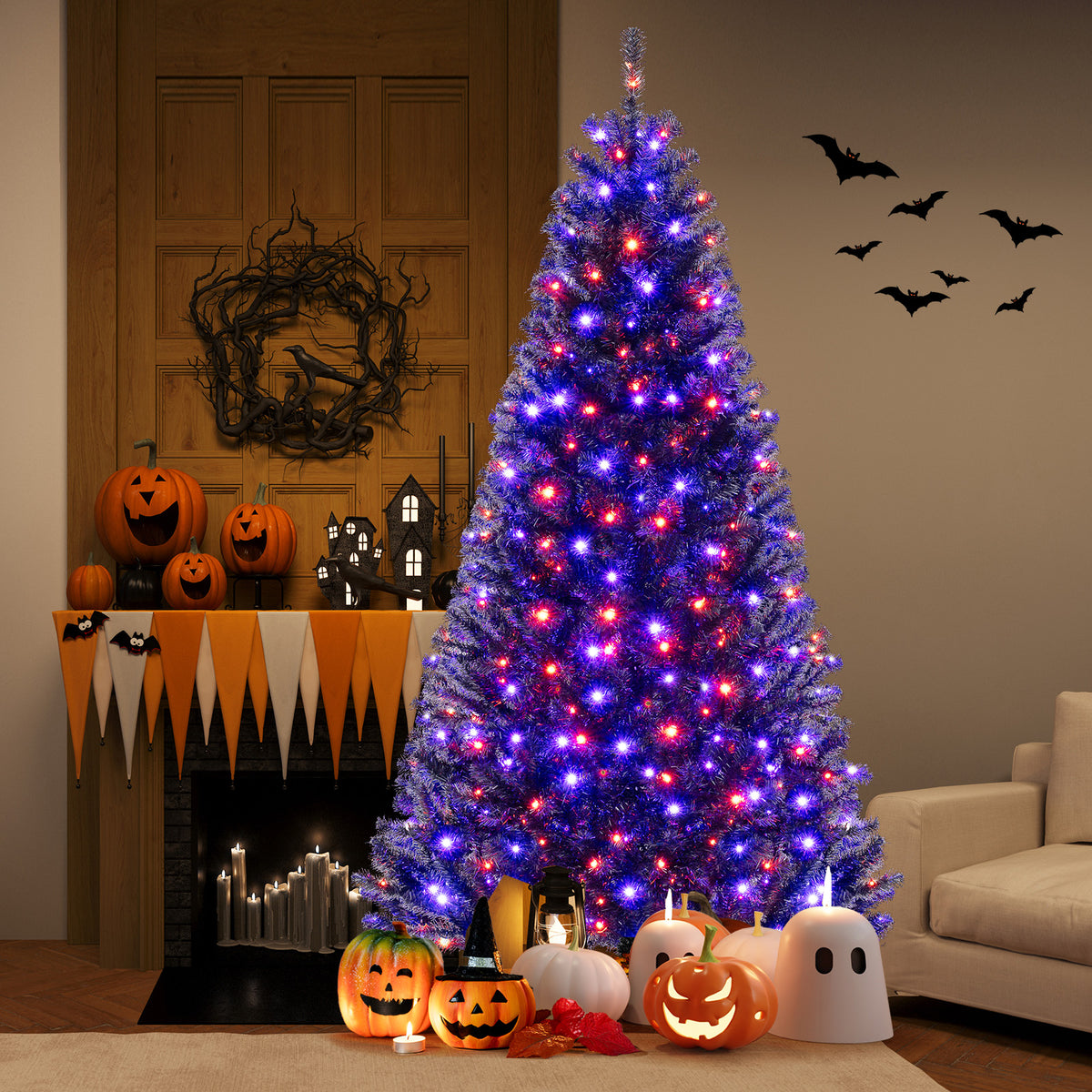 7 ft Artificial Christmas Tree with 6 Lighting Modes & Spooky Sounds — Halloween & Holiday Decor