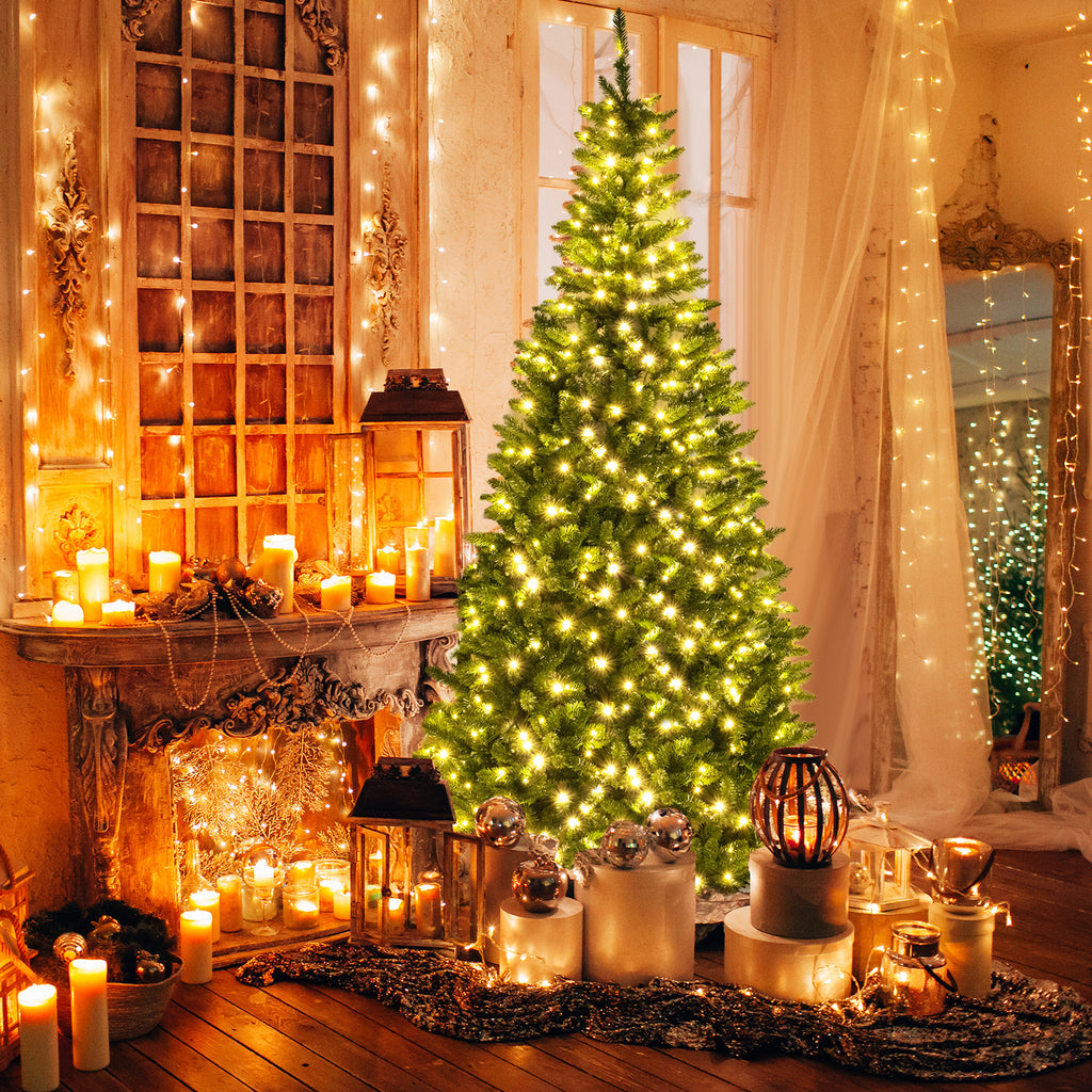 8 FT Corner Artificial Christmas Tree with 1137 Tips & 360 Warm White LED Lights - Space-Saving Design