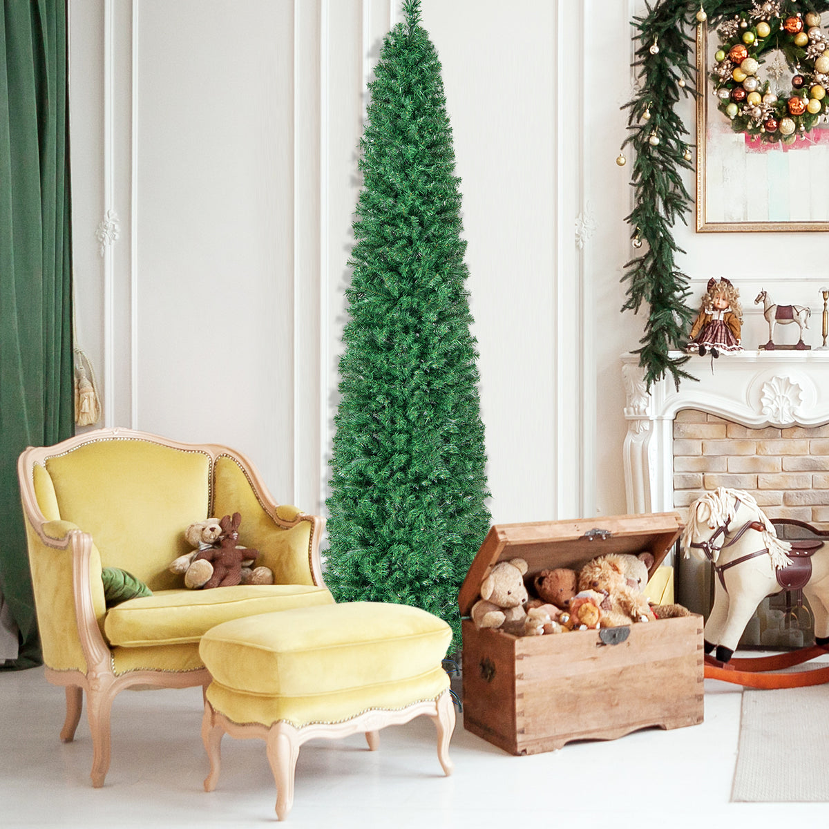 8 Ft Pre-Lit Christmas Pencil Tree with Colorful Fiber Optics - Green