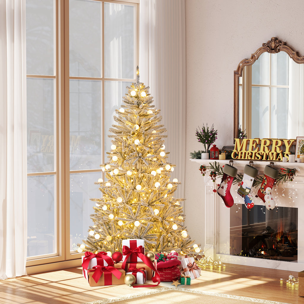 Costway 6/7/8 Feet Snow-Flocked Artificial Christmas Tree Pre-Lit with 81 Sphere Lights & Remote - Hinged Branches
