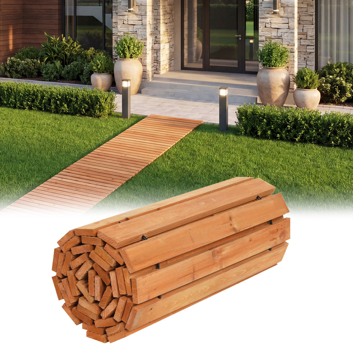 8 Ft Wooden Garden Pathway with Non-Slip Surface - Natural Finish
