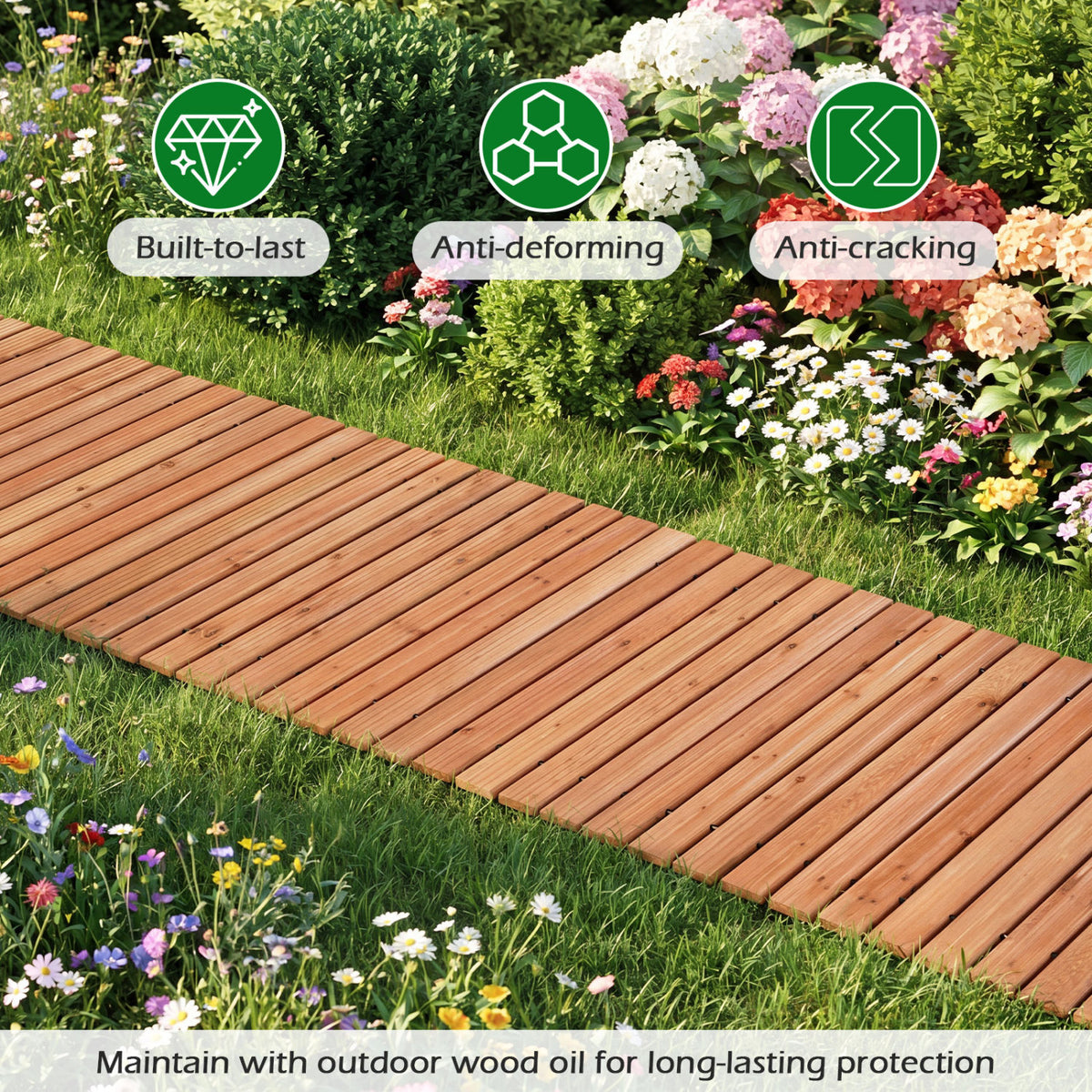 8 Ft Wooden Garden Pathway with Non-Slip Surface - Natural Finish