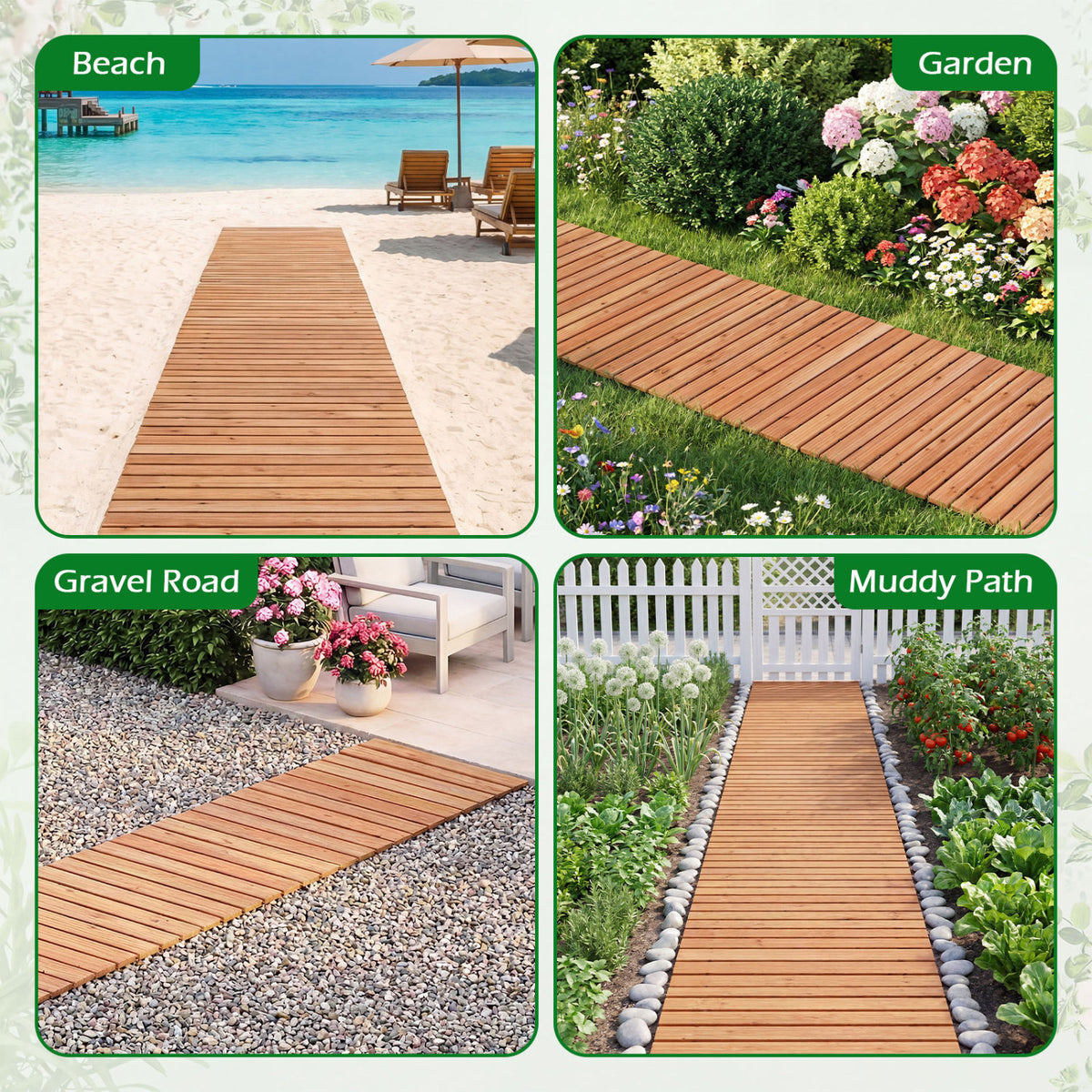 8 Ft Wooden Garden Pathway with Non-Slip Surface - Natural Finish