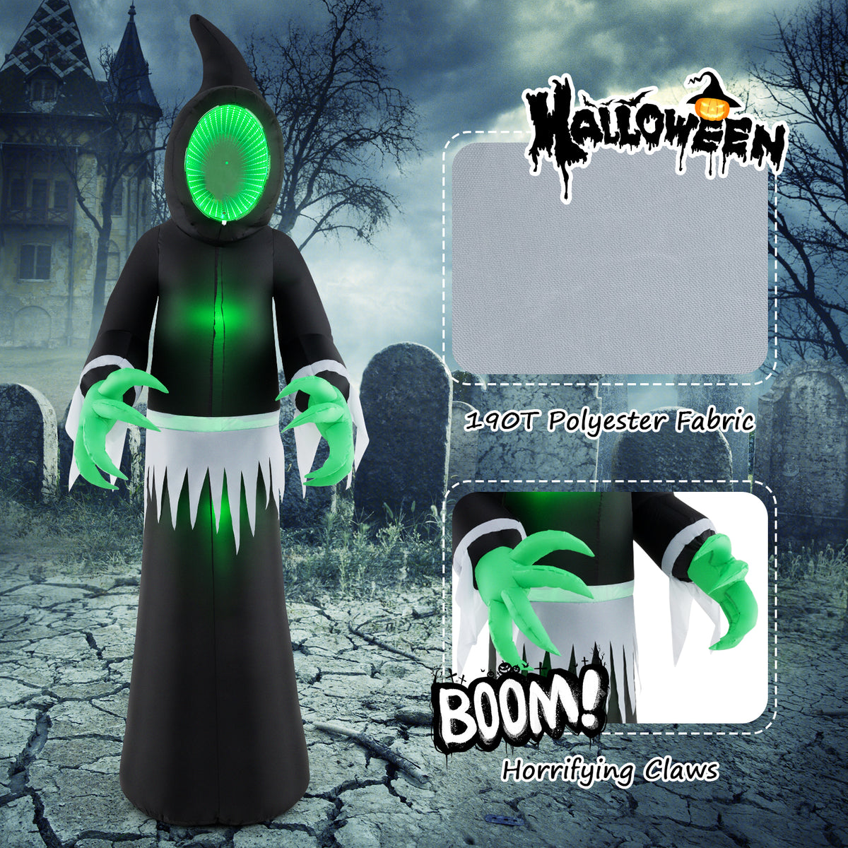 Giant 8ft Halloween Inflatable Ghost with Mirror Face & LED Lights - Outdoor Decor
