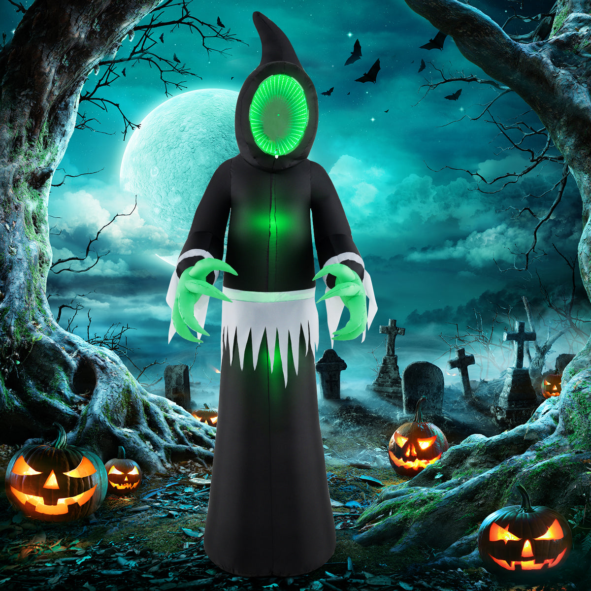 Giant 8ft Halloween Inflatable Ghost with Mirror Face & LED Lights - Outdoor Decor