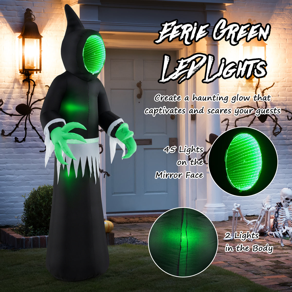 Giant 8ft Halloween Inflatable Ghost with Mirror Face & LED Lights - Outdoor Decor