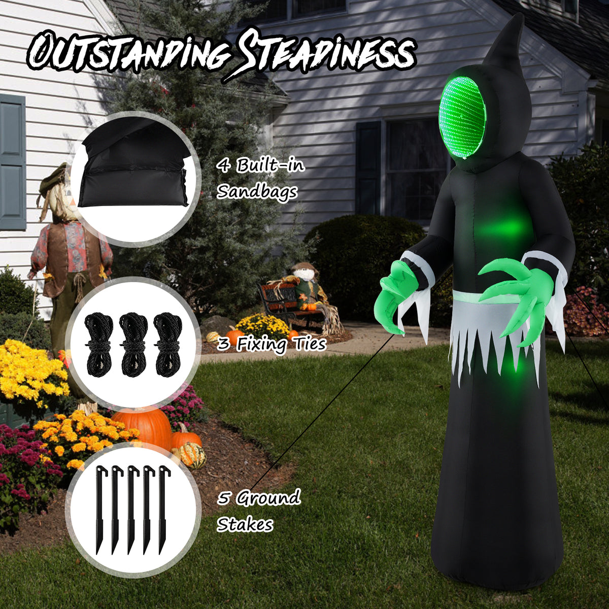 Giant 8ft Halloween Inflatable Ghost with Mirror Face & LED Lights - Outdoor Decor