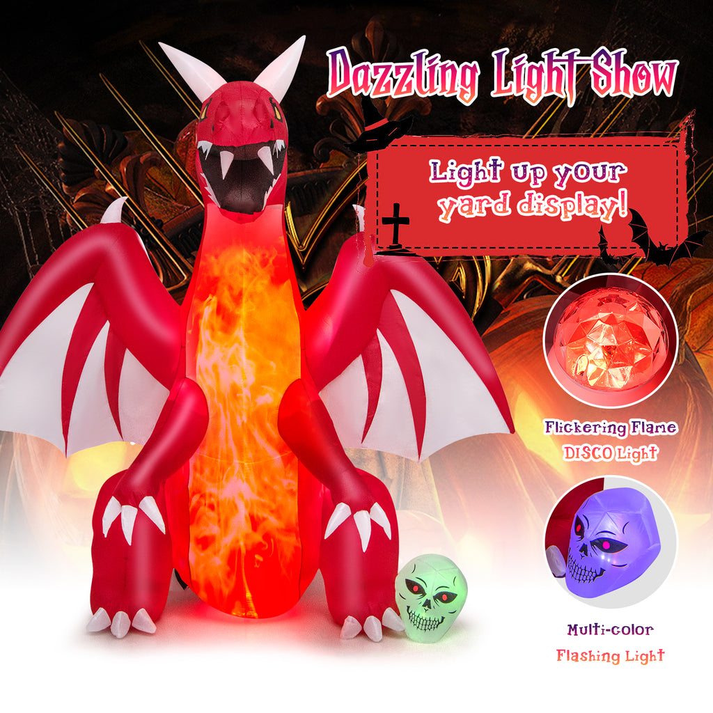 8 Feet Inflatable Halloween Red Dragon with Lighted Skull and Wings
