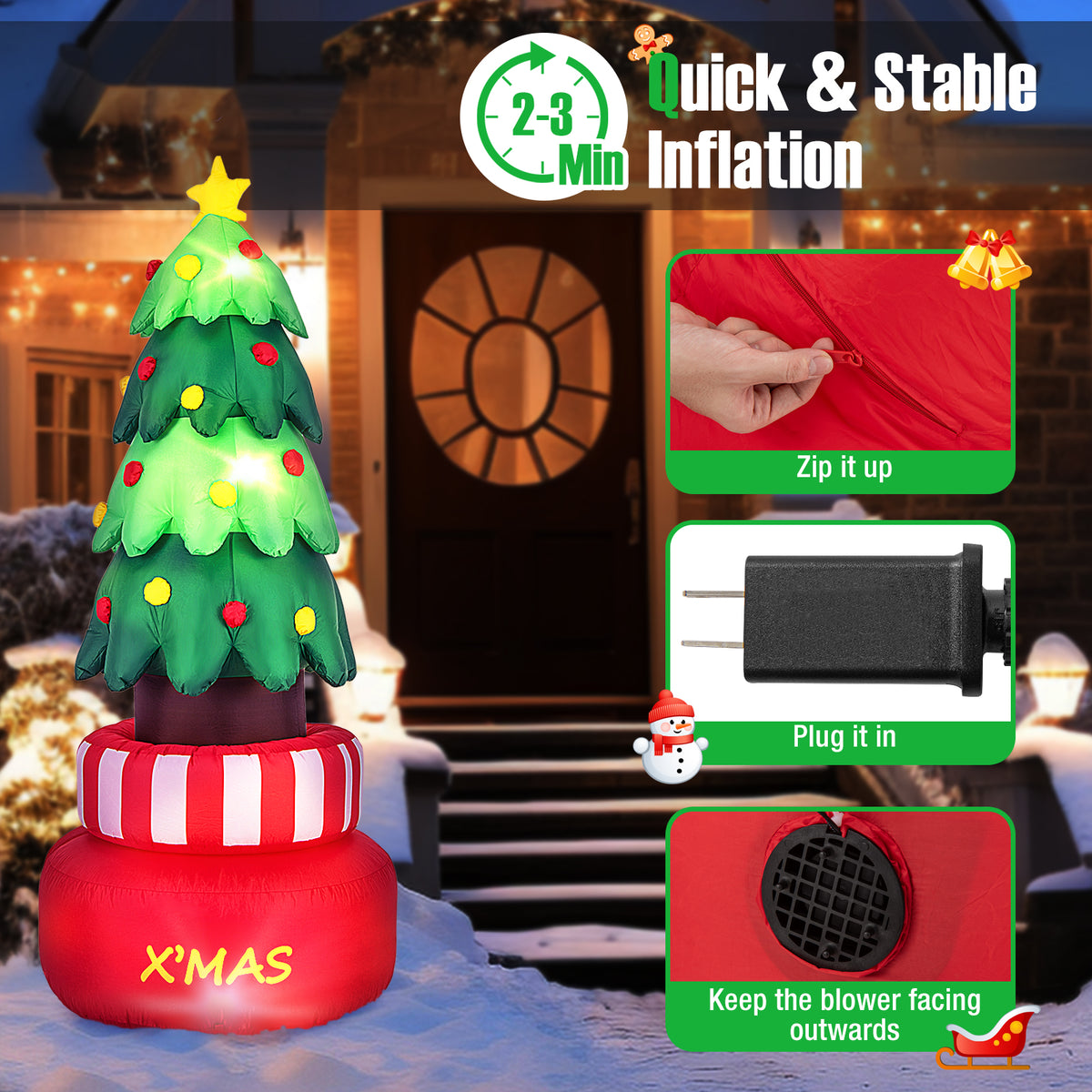 Inflatable Rotating Xmas Tree with LED Lights & Water Bags for Indoor Outdoor Decor