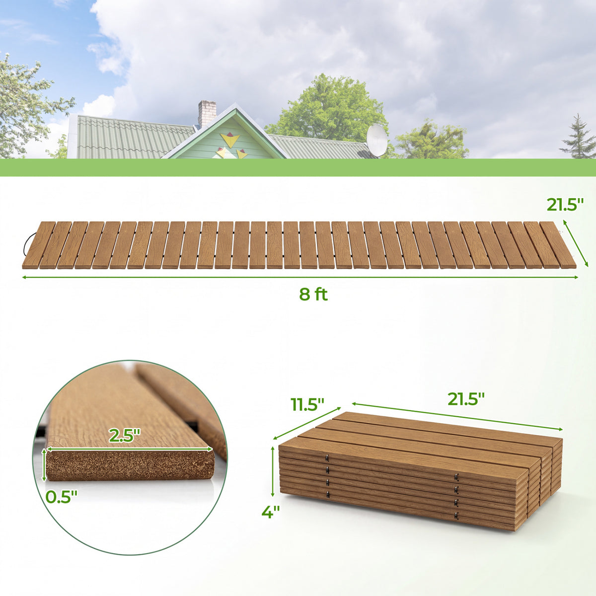 Brown 8ft Outdoor Pathway Roll-Out Patio Boardwalk - Foldable, Anti-Slip, Durable