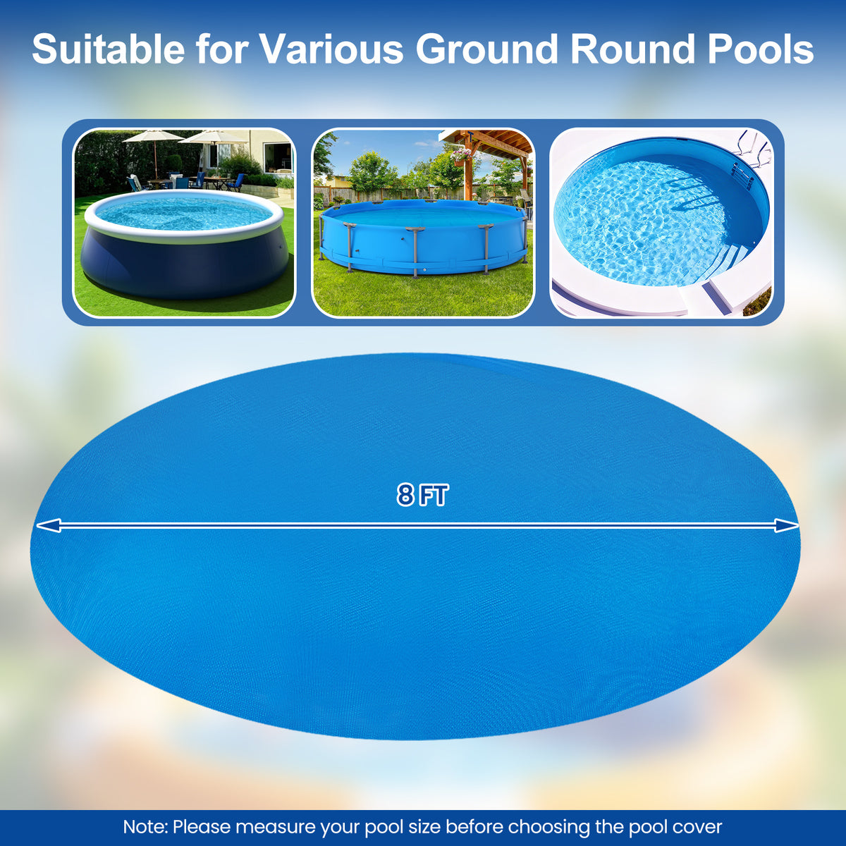 8/12 Feet Round Solar Pool Cover 12 Mil for In-Ground Above-Ground