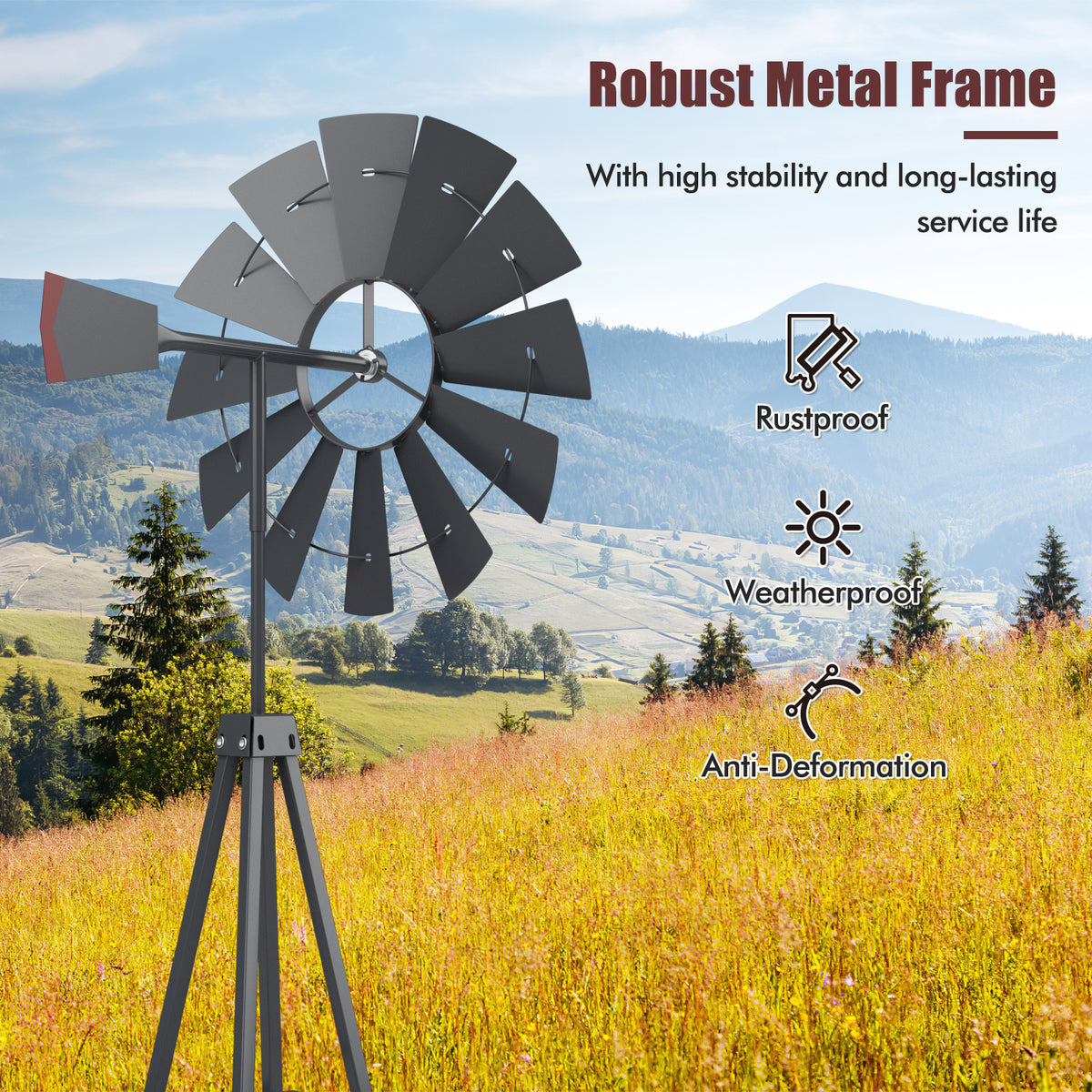 Gray 8 Feet Windmill Metal Wind Wheel Weather Resistant Yard Decor