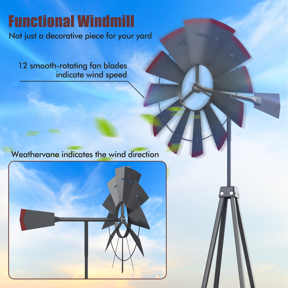 Gray 8 Feet Windmill Metal Wind Wheel Weather Resistant Yard Decor