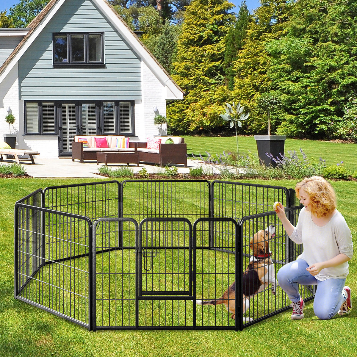 8-Panel Pet Fence 24/32/40 Inch Height with Safety Lock Bolt Metal Stakes - Indoor Outdoor
