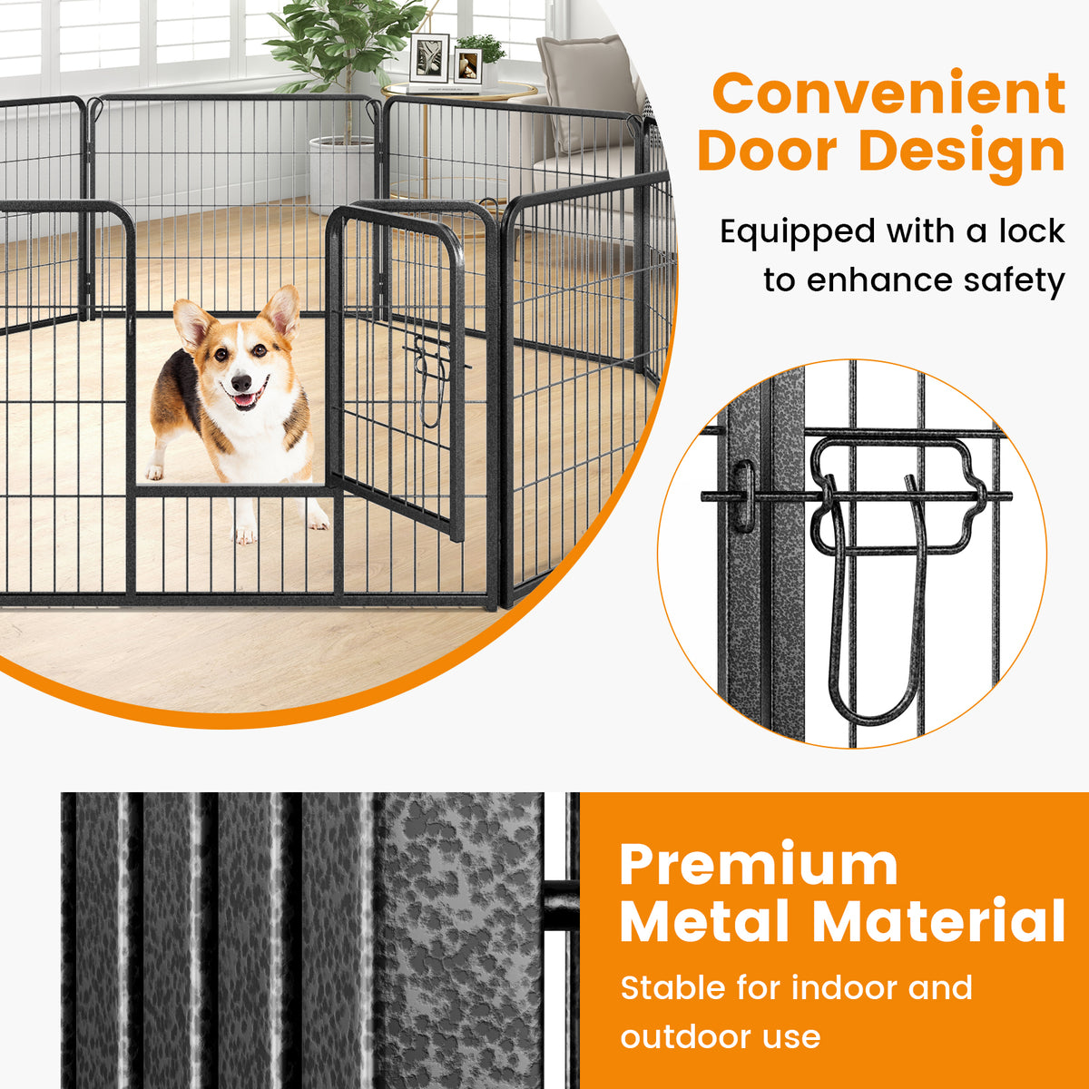 8-Panel Pet Fence 24/32/40 Inch Height with Safety Lock Bolt Metal Stakes - Indoor Outdoor